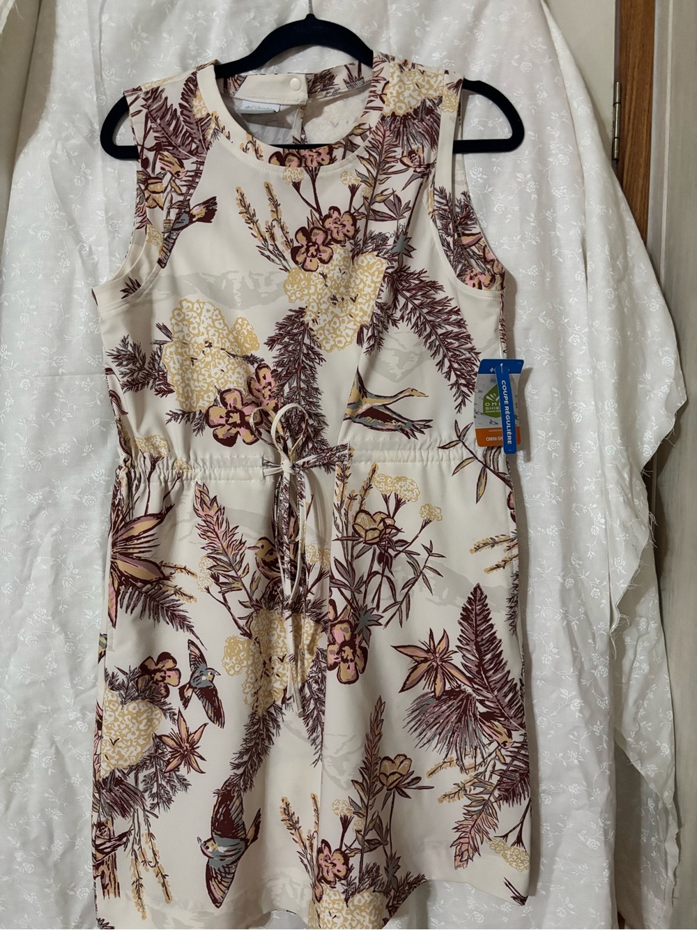 Columbia Sportswear Sleeveless Cream Floral Drawstring Mini Dress